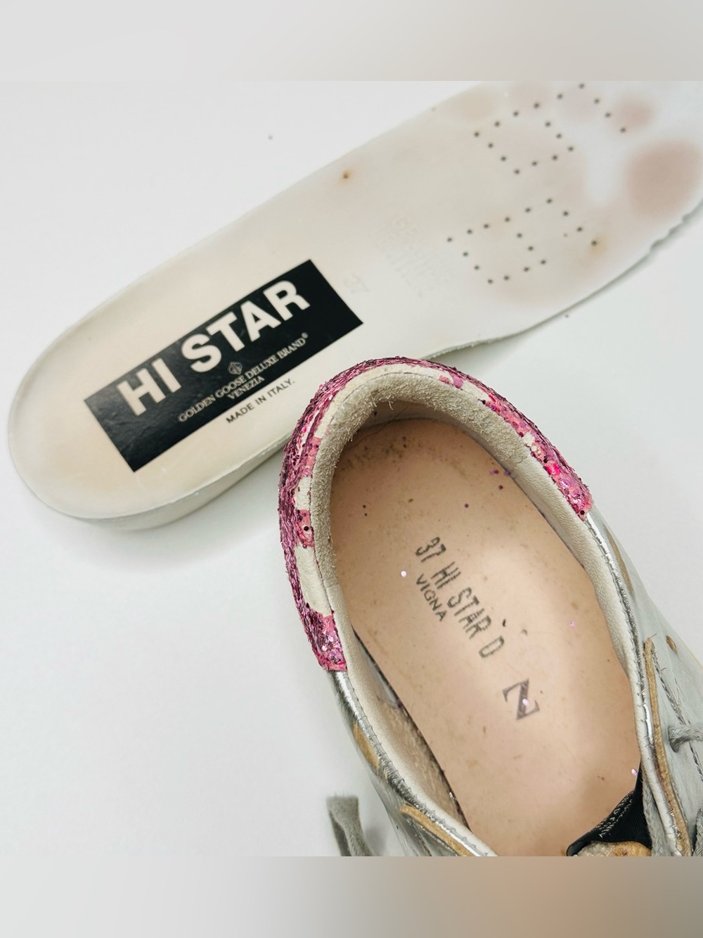 Golden Goose Hi Star Silver Leather Pink Glitter Heel Low Top Sneakers Shoes - Picture 11 of 14